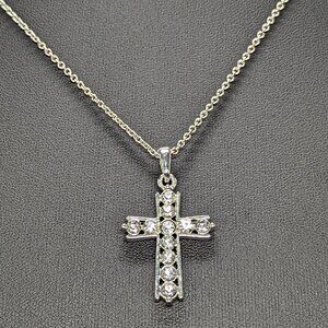 Silver Tone Cross Pendant 1.5" Necklace With Rhinestones Adjustable Chain 18+3"